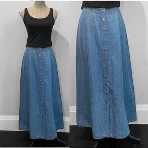 Vintage Blue Blue Button-Down A-Line Maxi Skirt Size Medium